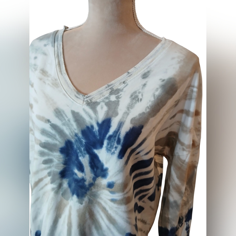 Made In Italy Tie Dye Womans Sweatshirt Large Vneck Blue Beige Indie Hippie - Picture 2 of 8